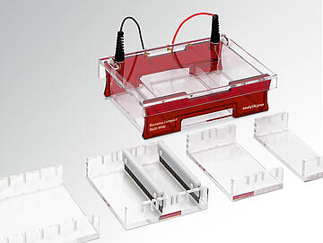 Biometra Compact agarose gel system with adjustable-width agarose trays.