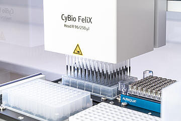 A CyBio Felix head R 96 250 microliter pipetting head mixing magnetic beads in a microplate using all 96 tips