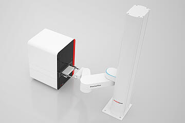 robotic arm with gripper placing a PCR plate into a qTOWER3 Auto qPCR instrument